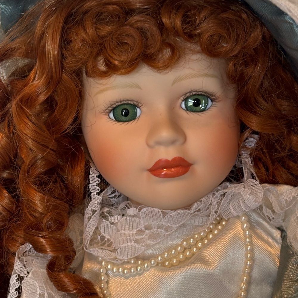 Elegant Blue Victorian Porcelain Doll - Picture 2 of 8